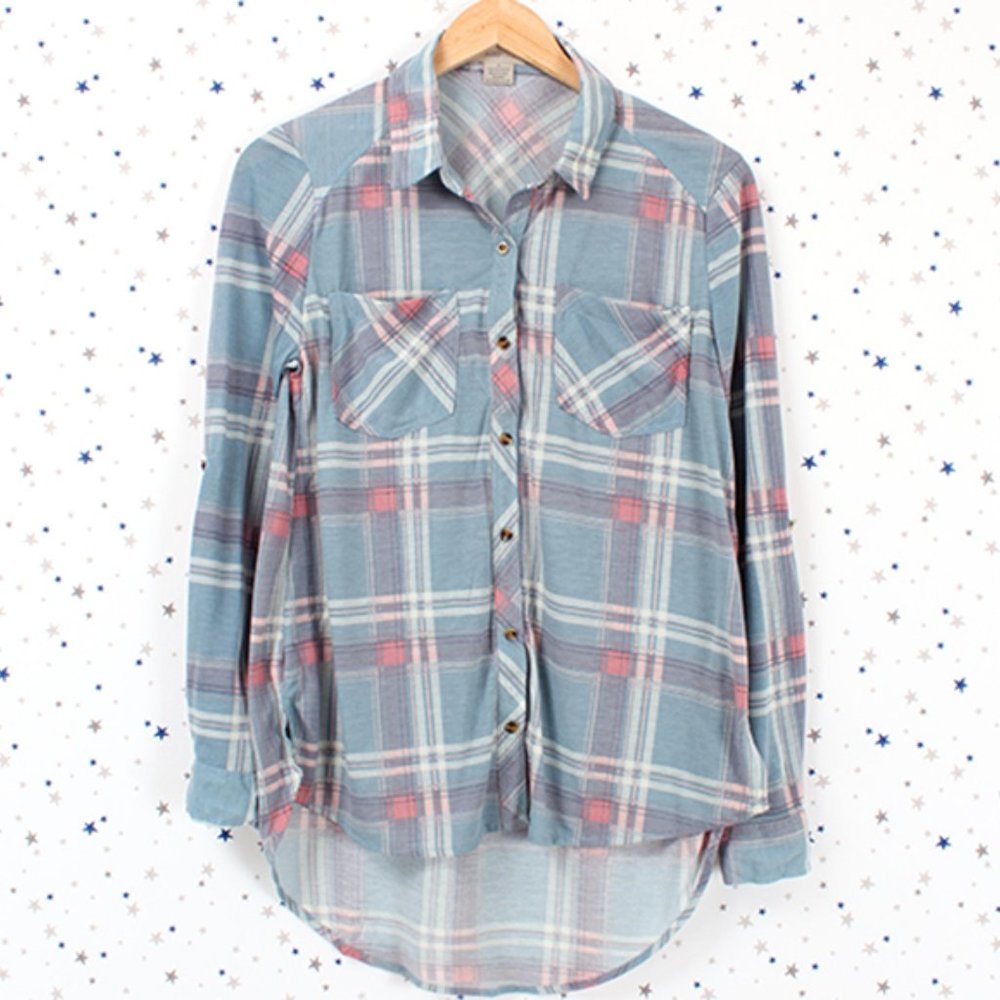 Knit Plaid Button Up Shirt Hi Lo Hem Vintage Blue Coral